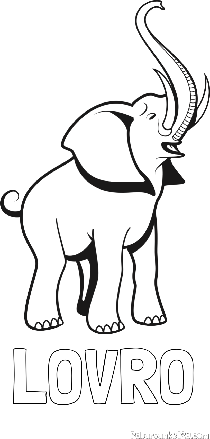 Pobarvanka imena LOVRO in pobarvanka slončka z rilcem dvignjenim visoko v zrak