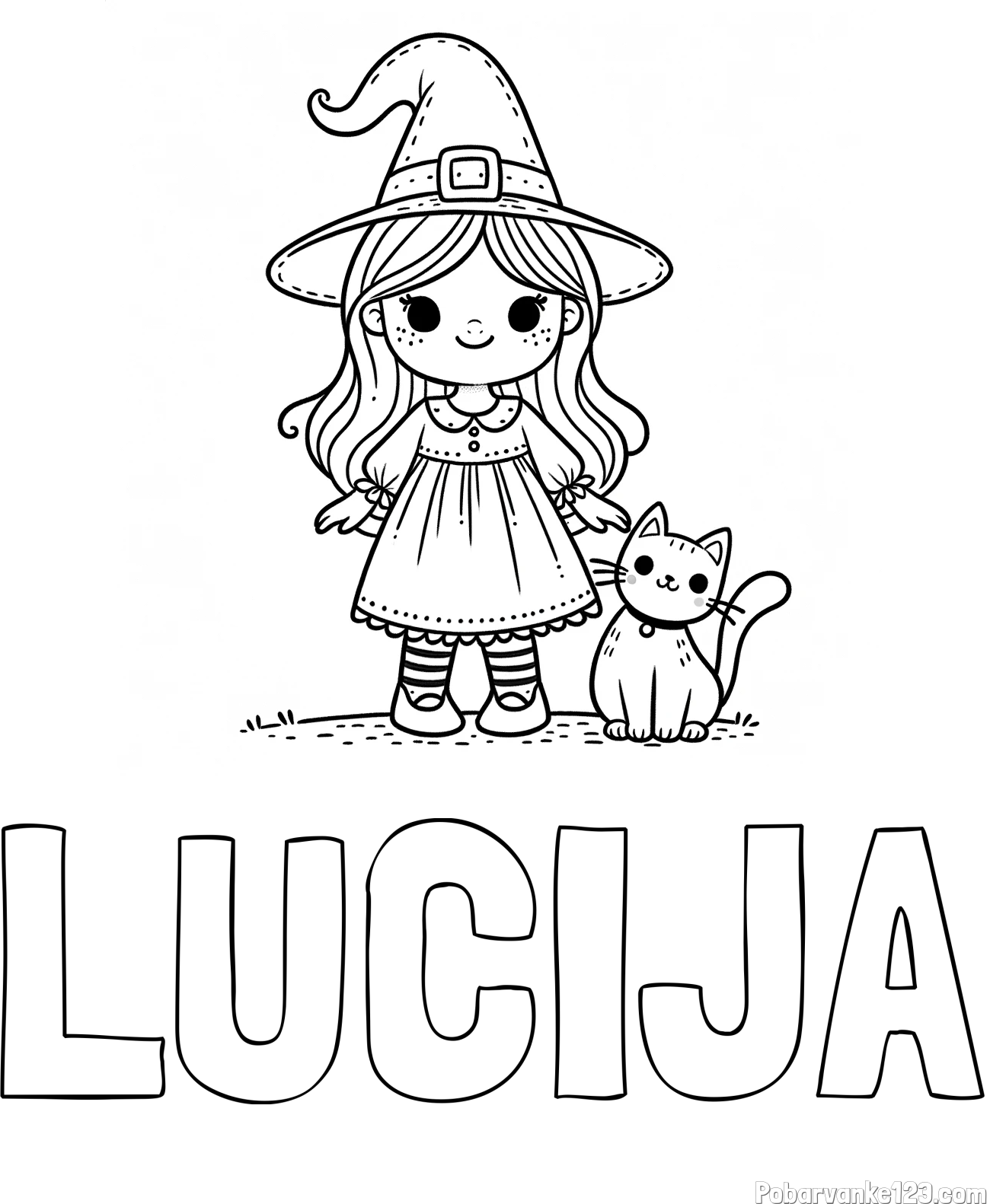 Pobarvanka imena LUCIJA in Čudovita pobarvanka ljubke čarovnice in nasmejane mačke