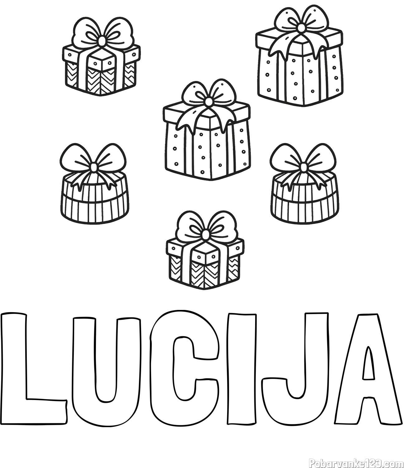 Pobarvanka imena LUCIJA in pobarvanka božičnih daril
