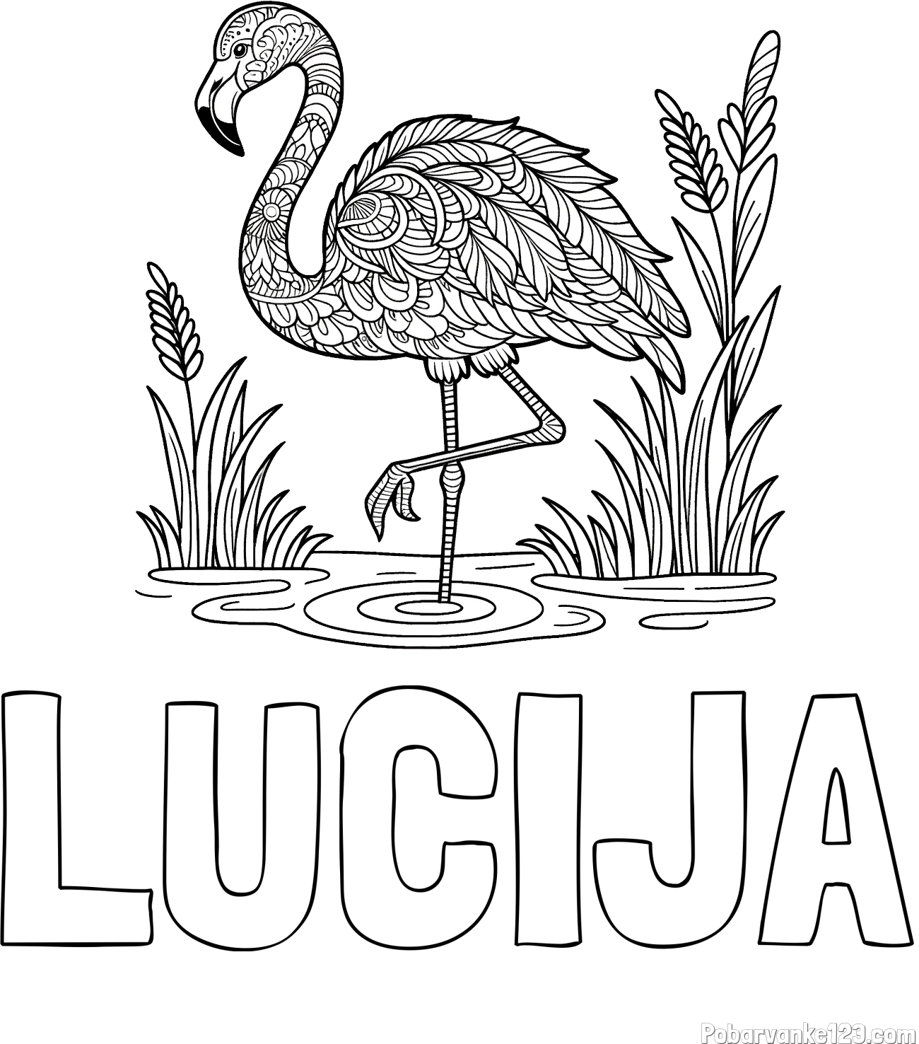 Pobarvanka imena LUCIJA in pobarvanka flaminga z abstraktnimi vzorci