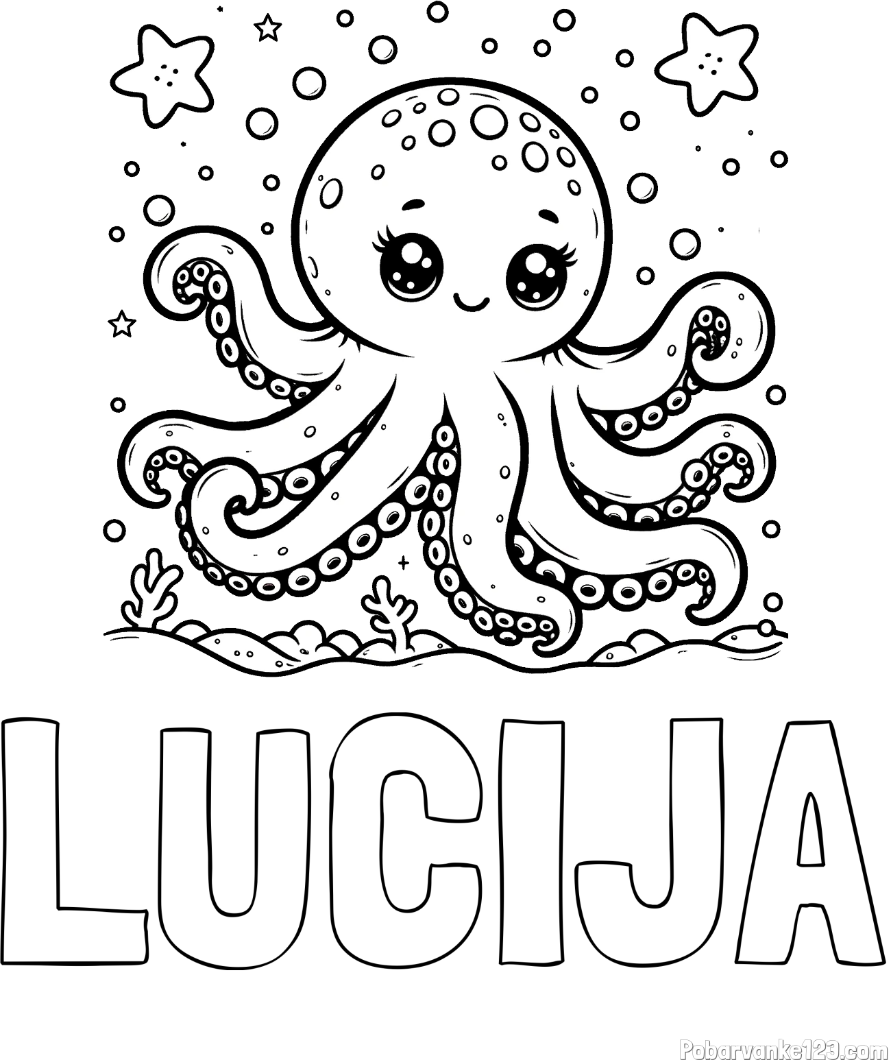 Pobarvanka imena LUCIJA in pobarvanka hobotnice v morju obdane z morskimi zvezdami