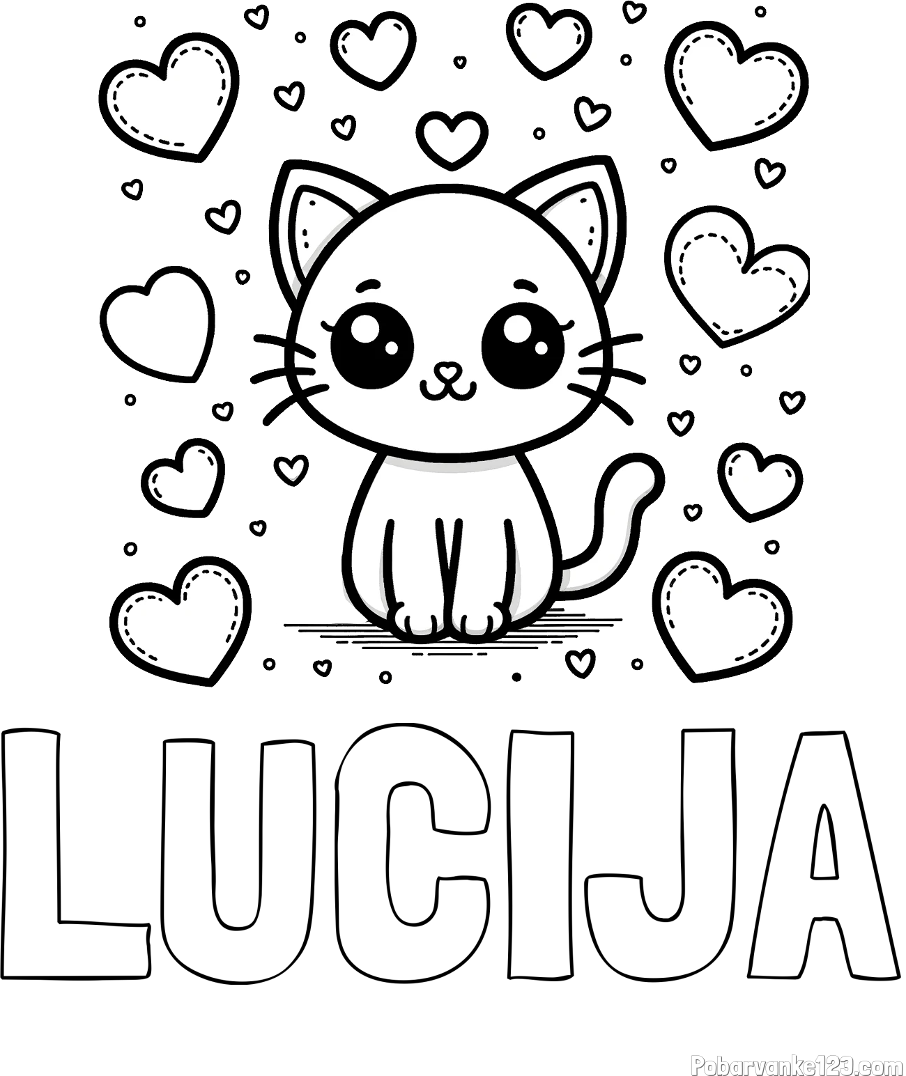 Pobarvanka imena LUCIJA in pobarvanka ljubke mucke obdane z veliko srčki