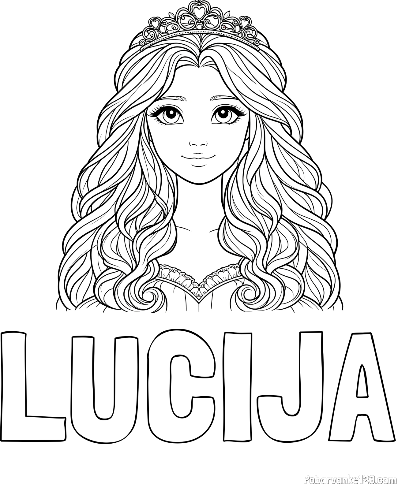 Pobarvanka imena LUCIJA in pobarvanka ljubke princese z bujnimi lasmi