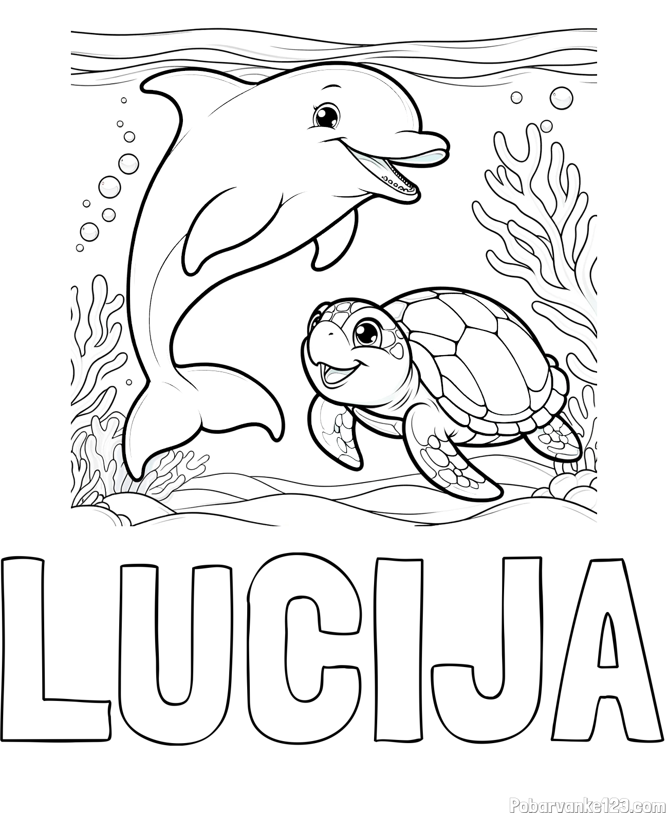 Pobarvanka imena LUCIJA in pobarvanka ljubkega delfina z želvo v morju