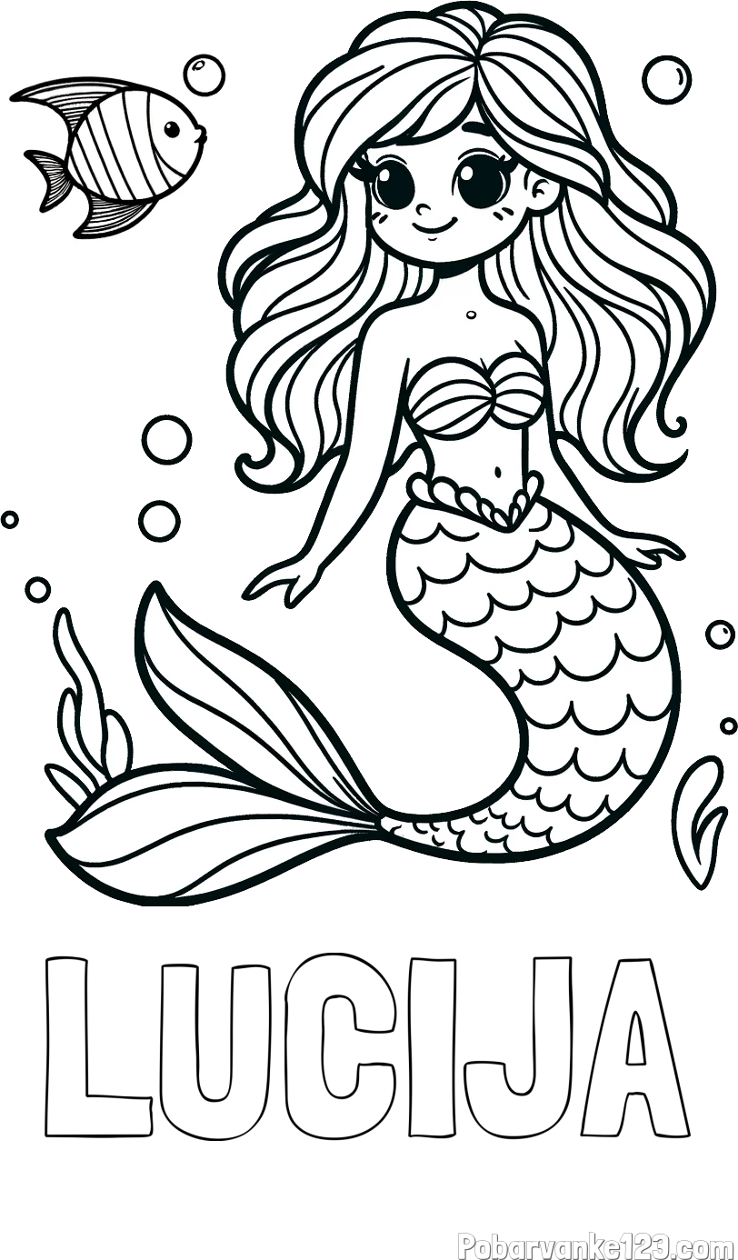 Pobarvanka imena LUCIJA in pobarvanka male morske deklice in ribice