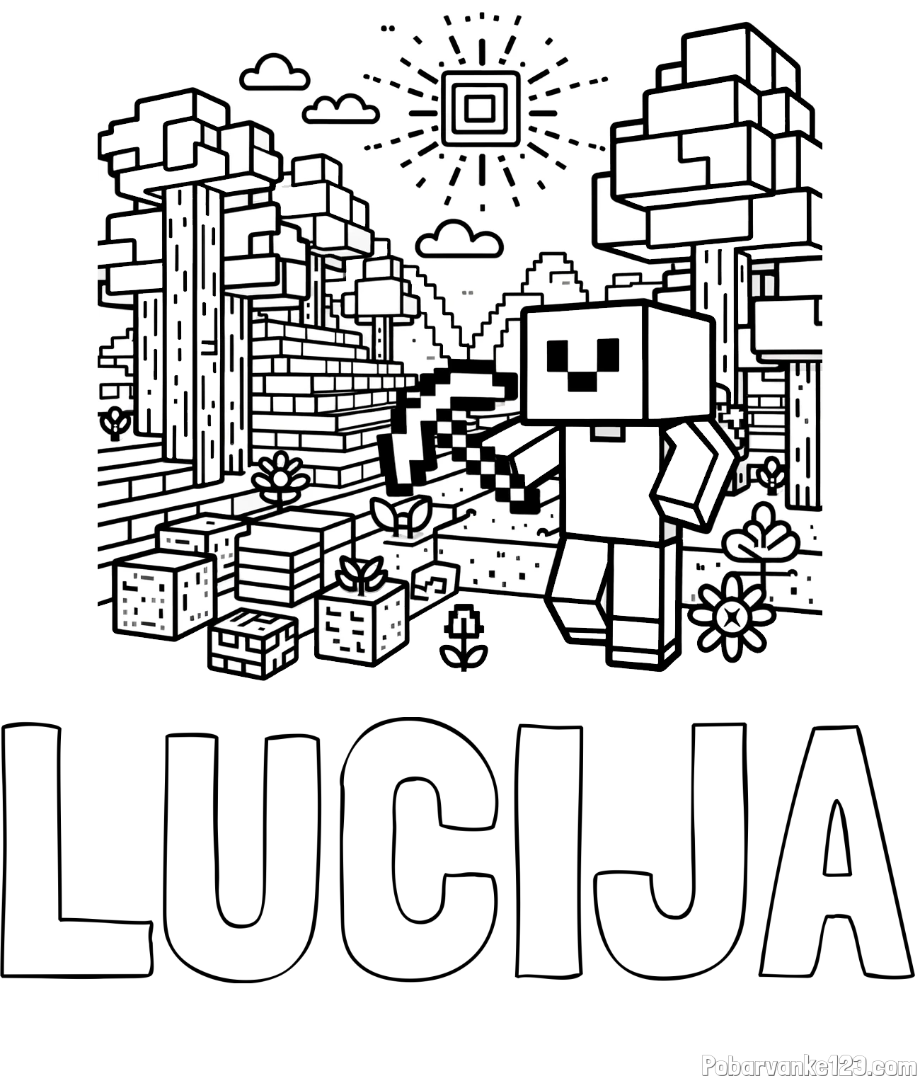 Pobarvanka imena LUCIJA in pobarvanka Minecraft sveta