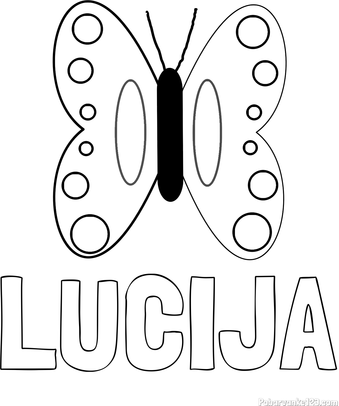 Pobarvanka imena LUCIJA in preprosta otroška pobarvanka metuljčka
