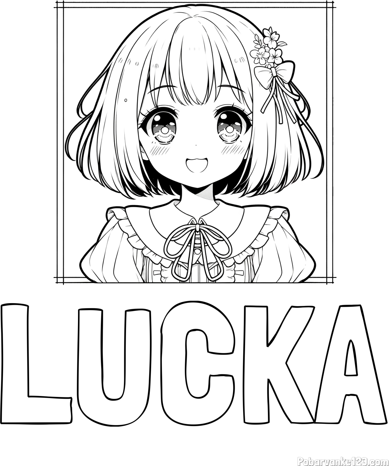 Pobarvanka imena LUČKA in pobarvanka ljubke punčke v anime slogu