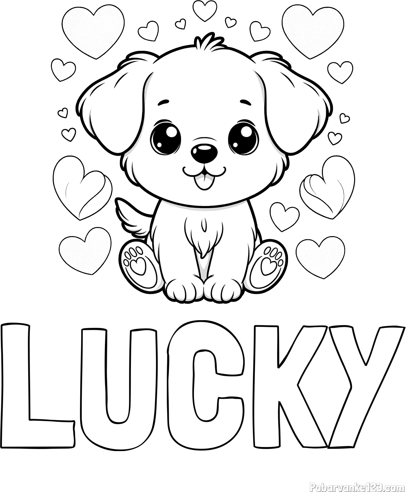 Pobarvanka imena LUCKY in pobarvanka ljubkega kužka obdanega s srčki