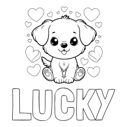 Online izdelana pobarvanka - Pobarvanka imena LUCKY in pobarvanka ljubkega kužka obdanega s srčki