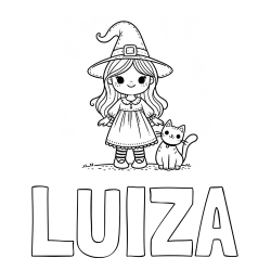 Online izdelana pobarvanka - Pobarvanka imena LUIZA in Čudovita pobarvanka ljubke čarovnice in nasmejane mačke