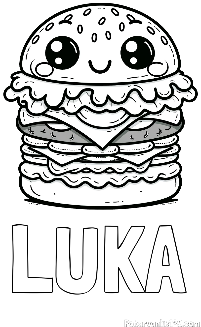Pobarvanka imena LUKA in otroška pobarvanka nasmejanega hamburgerja