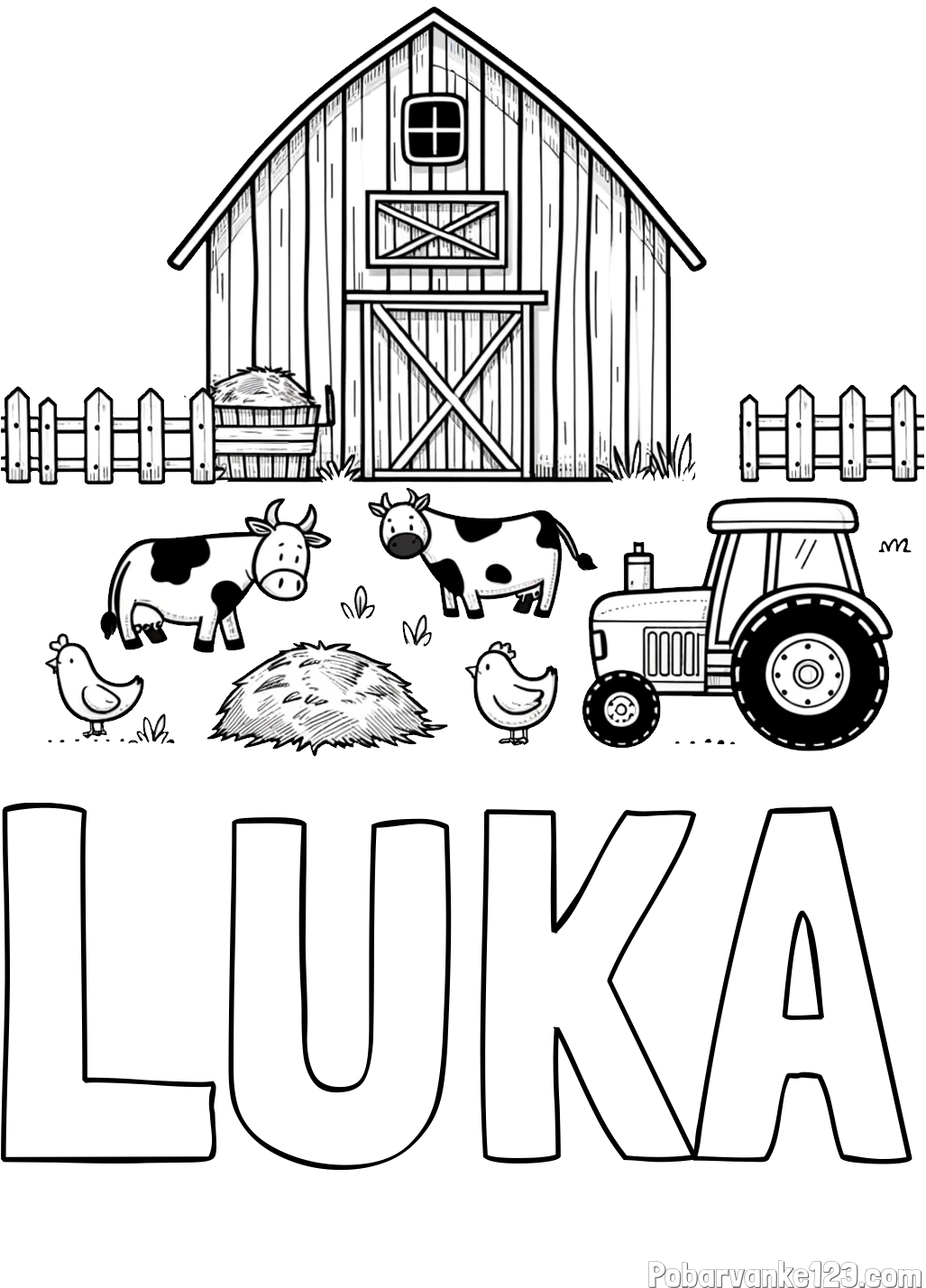 Pobarvanka imena LUKA in otroška pobarvanka velikega senika, krav in traktorja