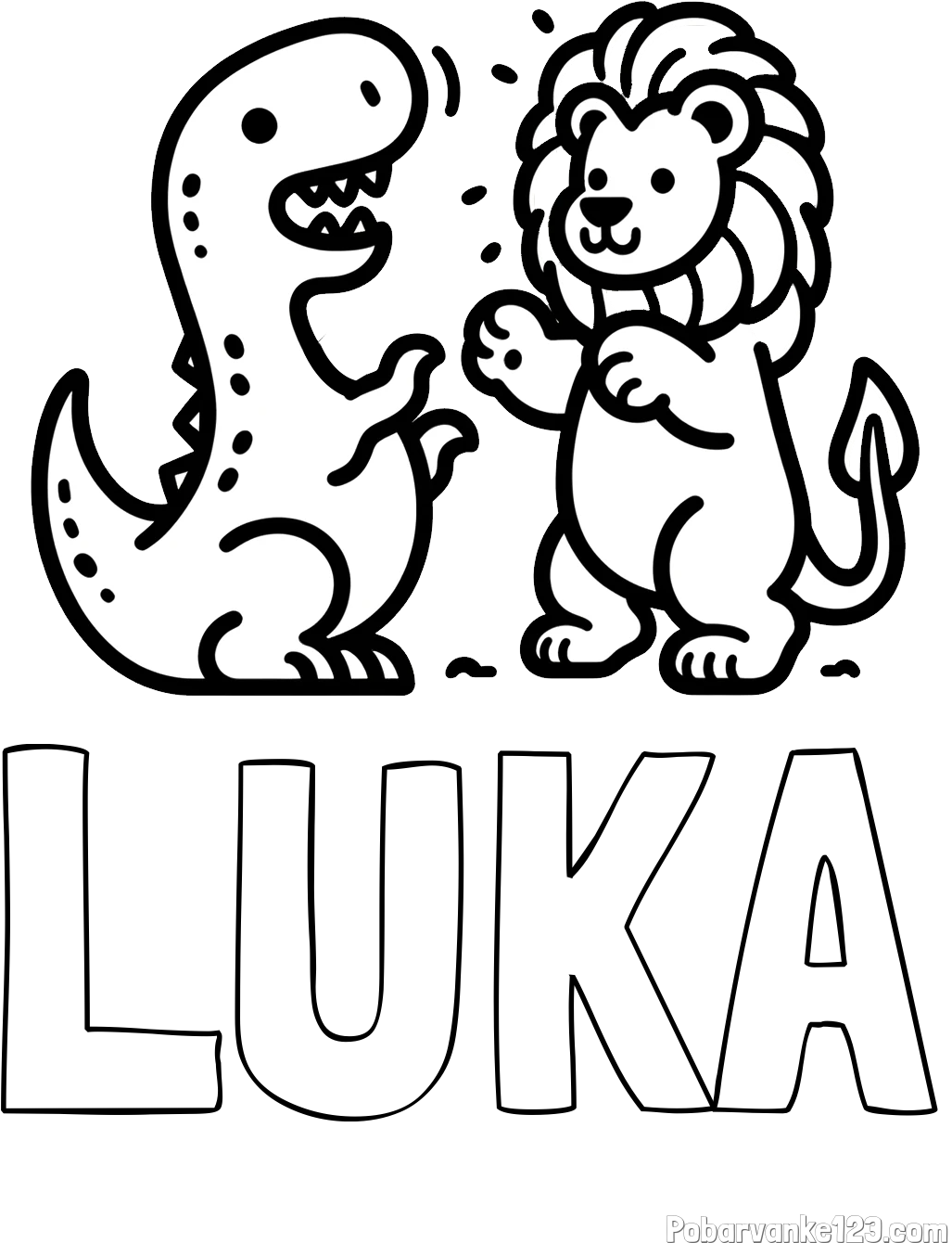 Pobarvanka imena LUKA in pobarvanka dinozavra, ki napada leva