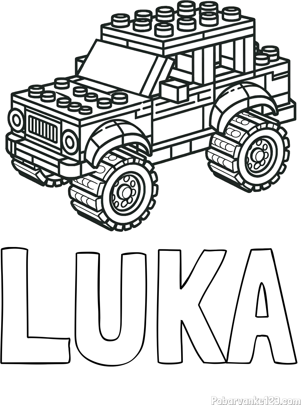 Pobarvanka imena LUKA in pobarvanka džipa sestavljenega iz LEGO kock