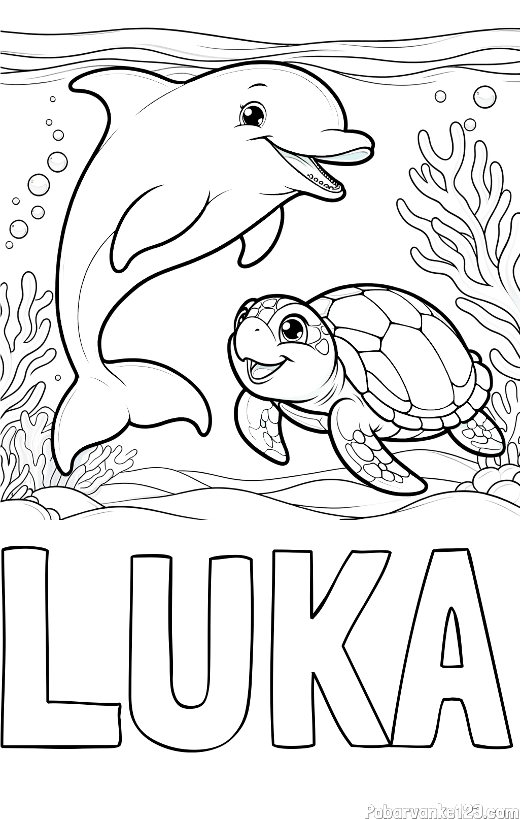 Pobarvanka imena LUKA in pobarvanka ljubkega delfina z želvo v morju