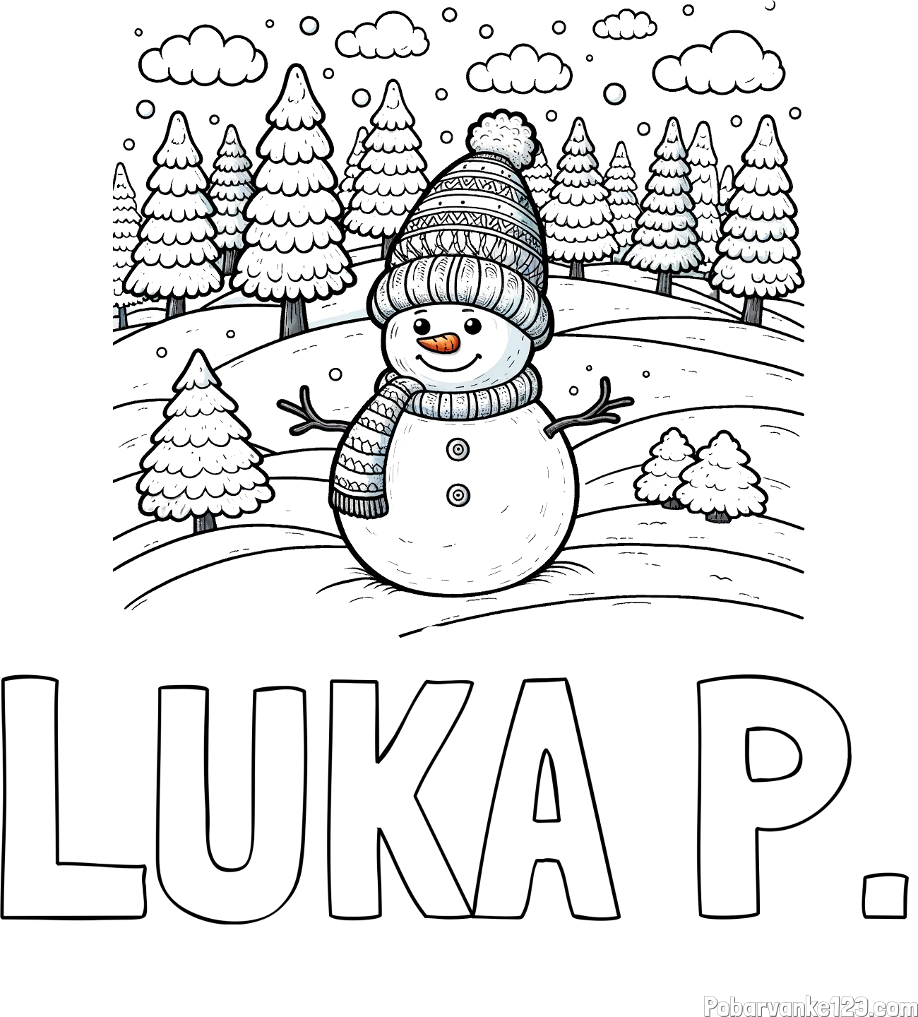 Pobarvanka imena LUKA P. in pobarvanka snežaka v naravi obdanega z zasneženimi smrekami