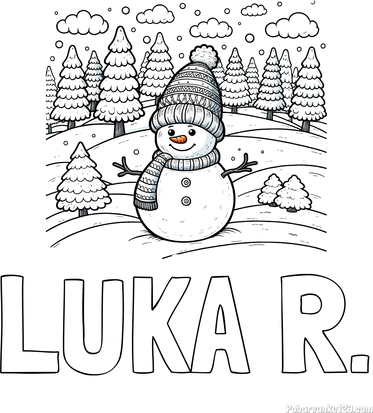 Pobarvanka imena LUKA R. in pobarvanka snežaka v naravi obdanega z zasneženimi smrekami