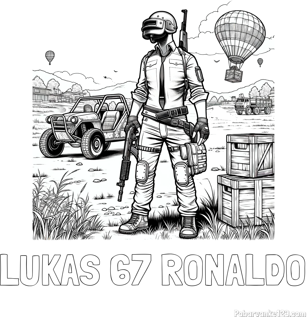Pobarvanka imena LUKAS 67 RONALDO in PUBG pobarvanka z glavnim likom na bojišču