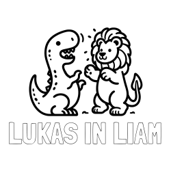Online izdelana pobarvanka - Pobarvanka imena LUKAS IN LIAM in pobarvanka dinozavra, ki napada leva