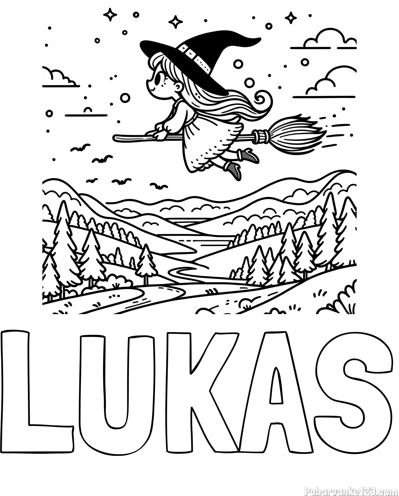 Pobarvanka imena LUKAS in pobarvanka čarovnice, ki leti na metli