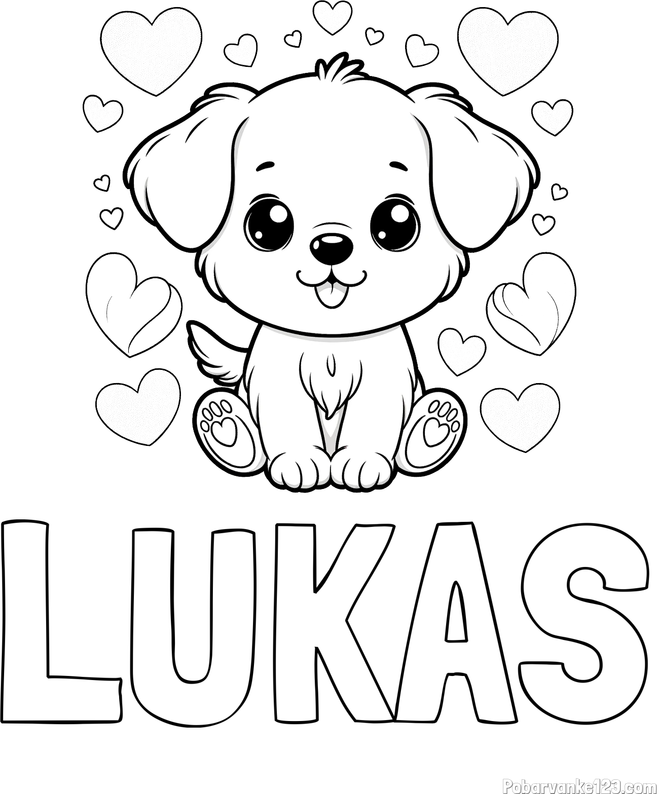 Pobarvanka imena LUKAS in pobarvanka ljubkega kužka obdanega s srčki