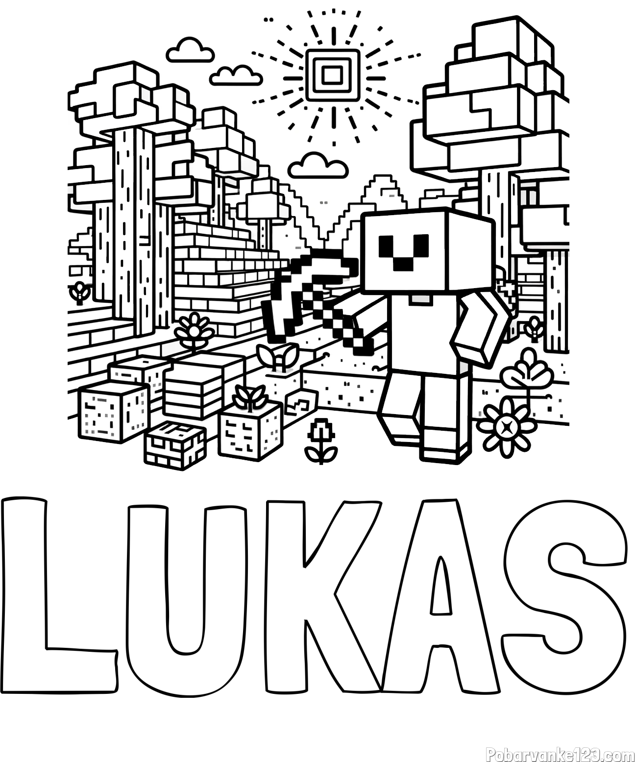Pobarvanka imena LUKAS in pobarvanka Minecraft sveta