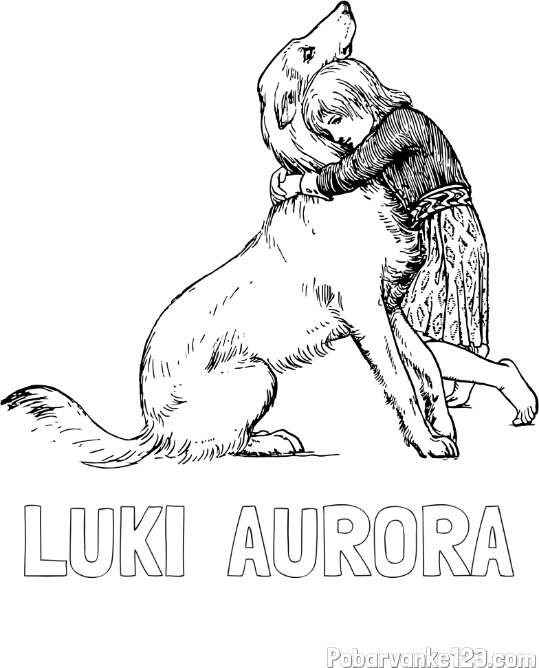 Pobarvanka imena LUKI  AURORA in pobarvanka prikupnega kužka, ki ga objema mala deklica