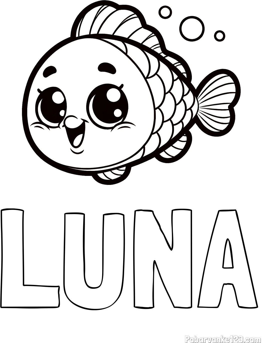 Pobarvanka imena LUNA in otroška pobarvanka nasmejane ribe