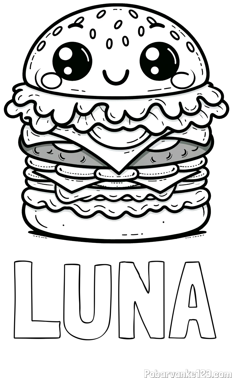Pobarvanka imena LUNA in otroška pobarvanka nasmejanega hamburgerja