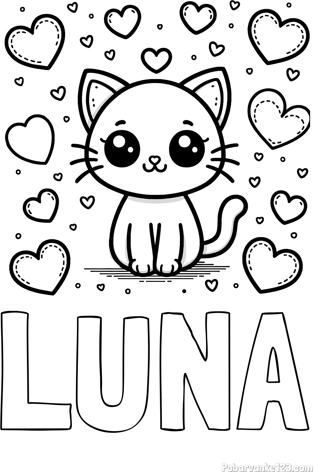 Pobarvanka imena LUNA in pobarvanka ljubke mucke obdane z veliko srčki