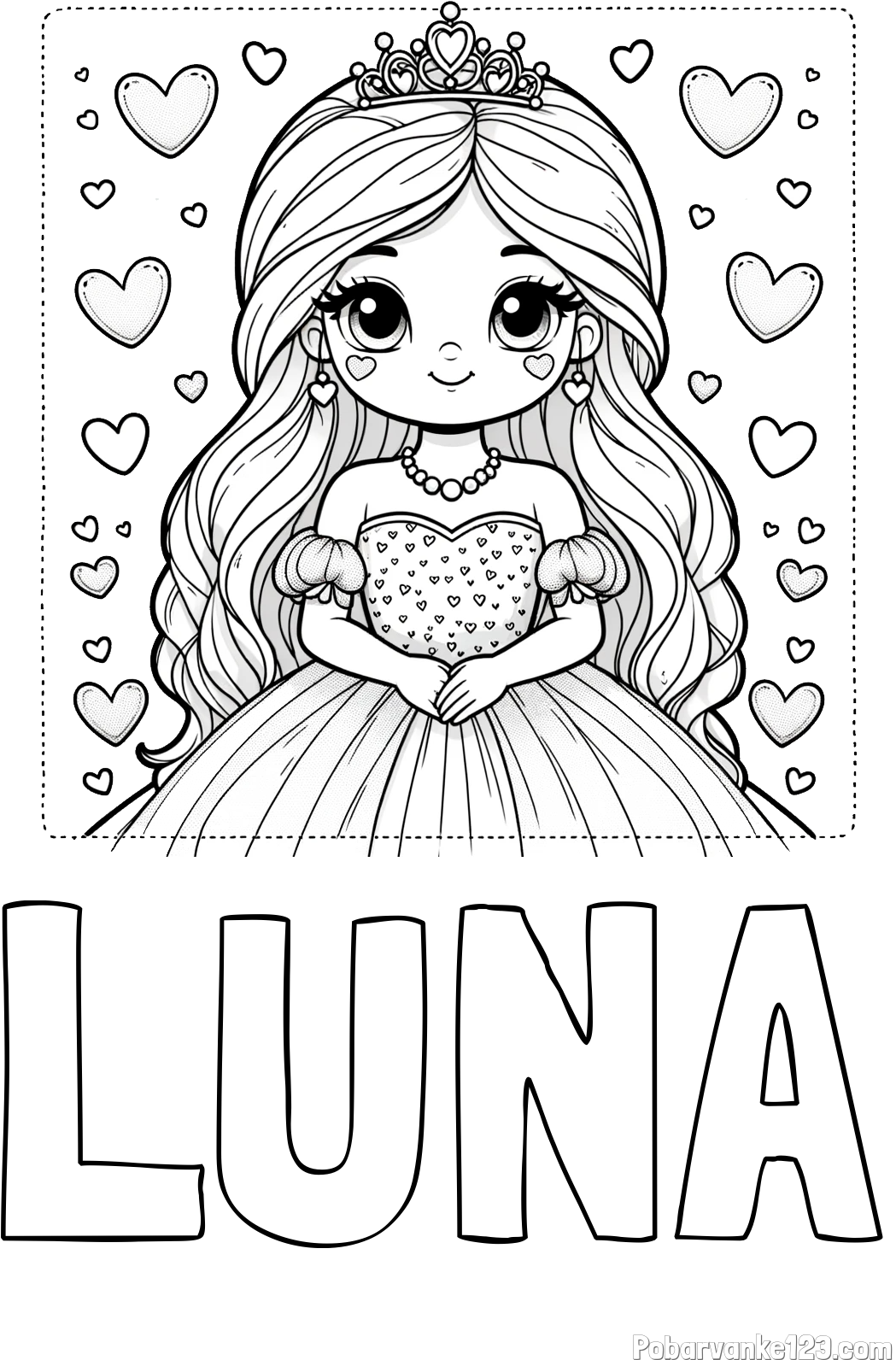 Pobarvanka imena LUNA in pobarvanka ljubke princese obdane s srčki
