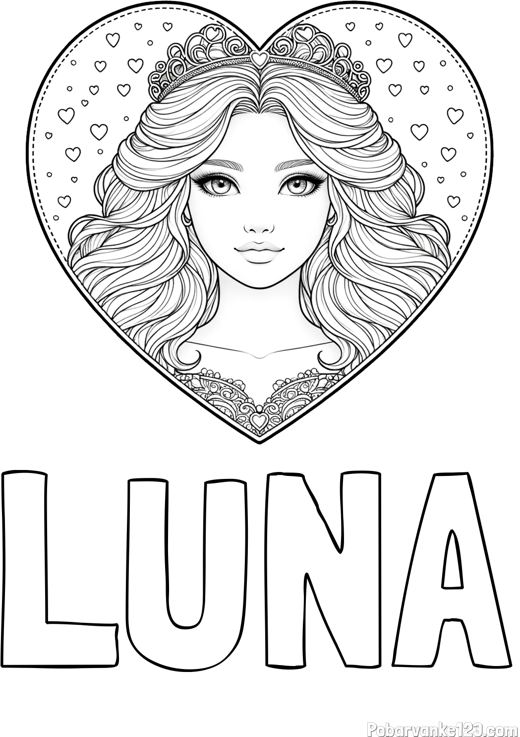 Pobarvanka imena LUNA in pobarvanka ljubke princese v srčku