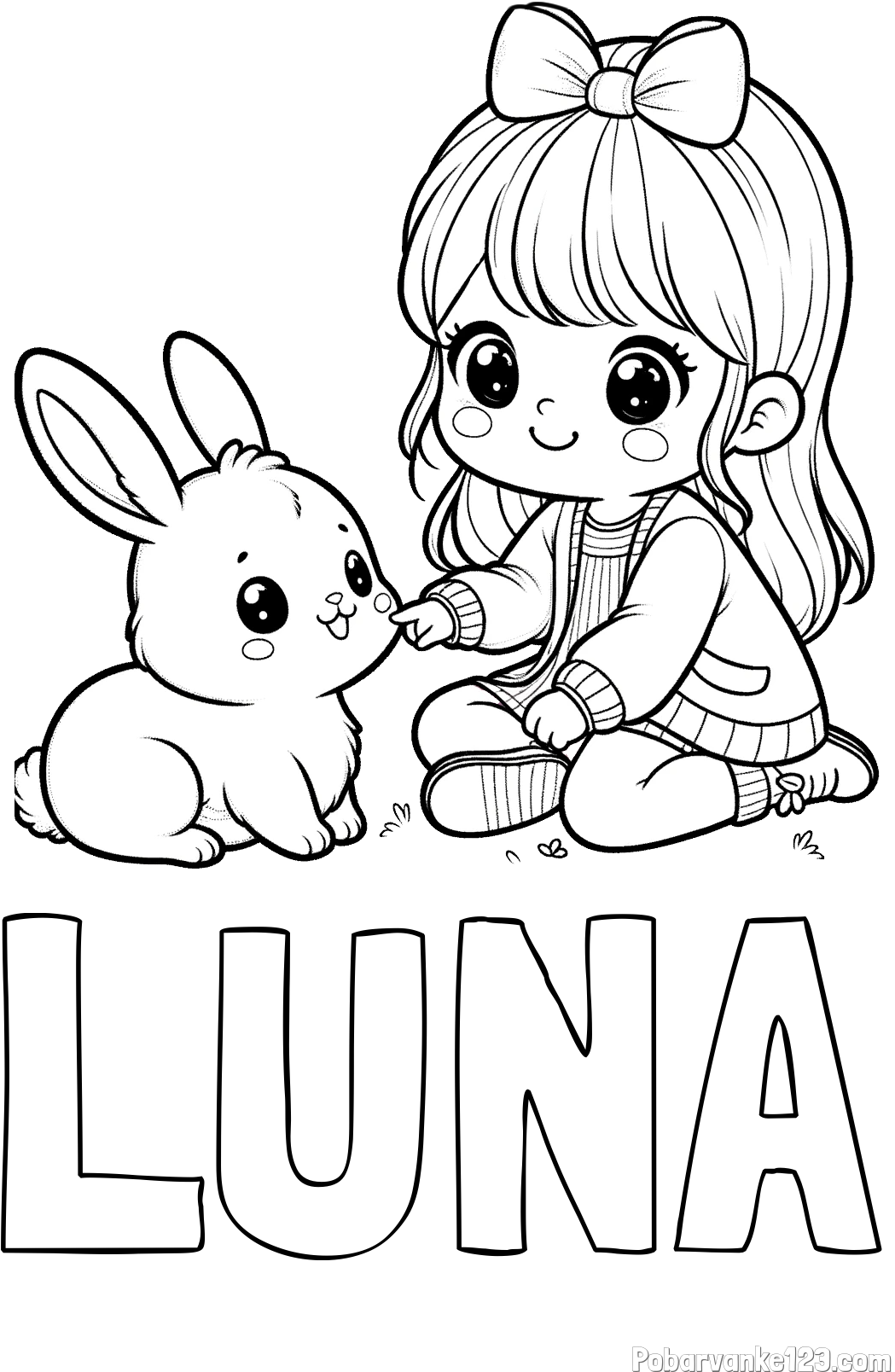 Pobarvanka imena LUNA in pobarvanka ljubke punčke, ki se igra z zajčkom