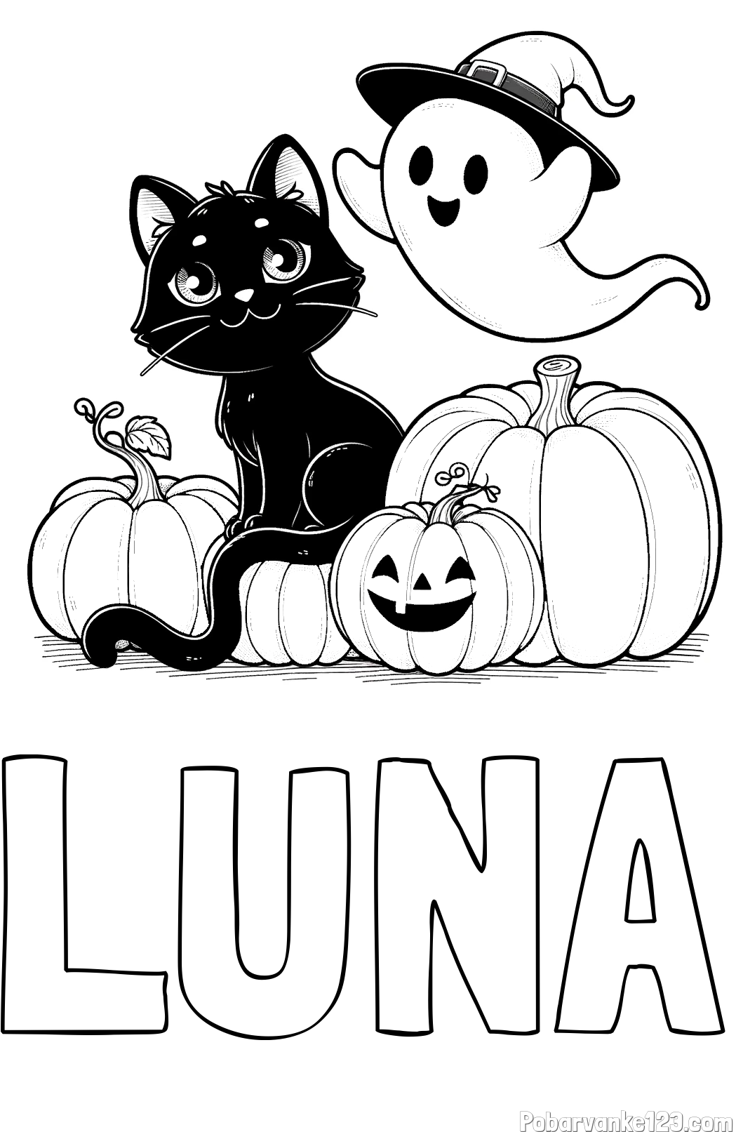 Pobarvanka imena LUNA in pobarvanka prijaznega duhca, črne mačke ter buč za noč čarovnic