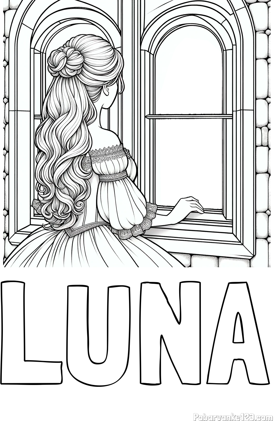 Pobarvanka imena LUNA in pobarvanka princese, ki gleda skozi okno