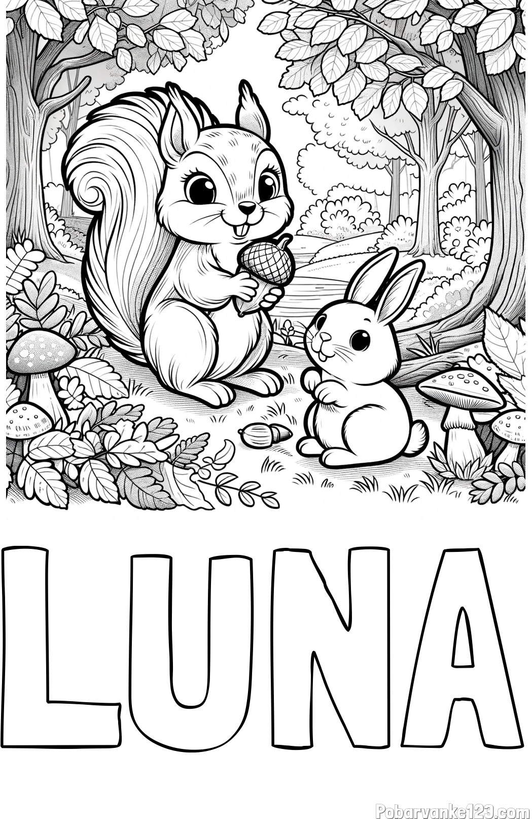 Pobarvanka imena LUNA in pobarvanka veveričke in zajčka v gozdu