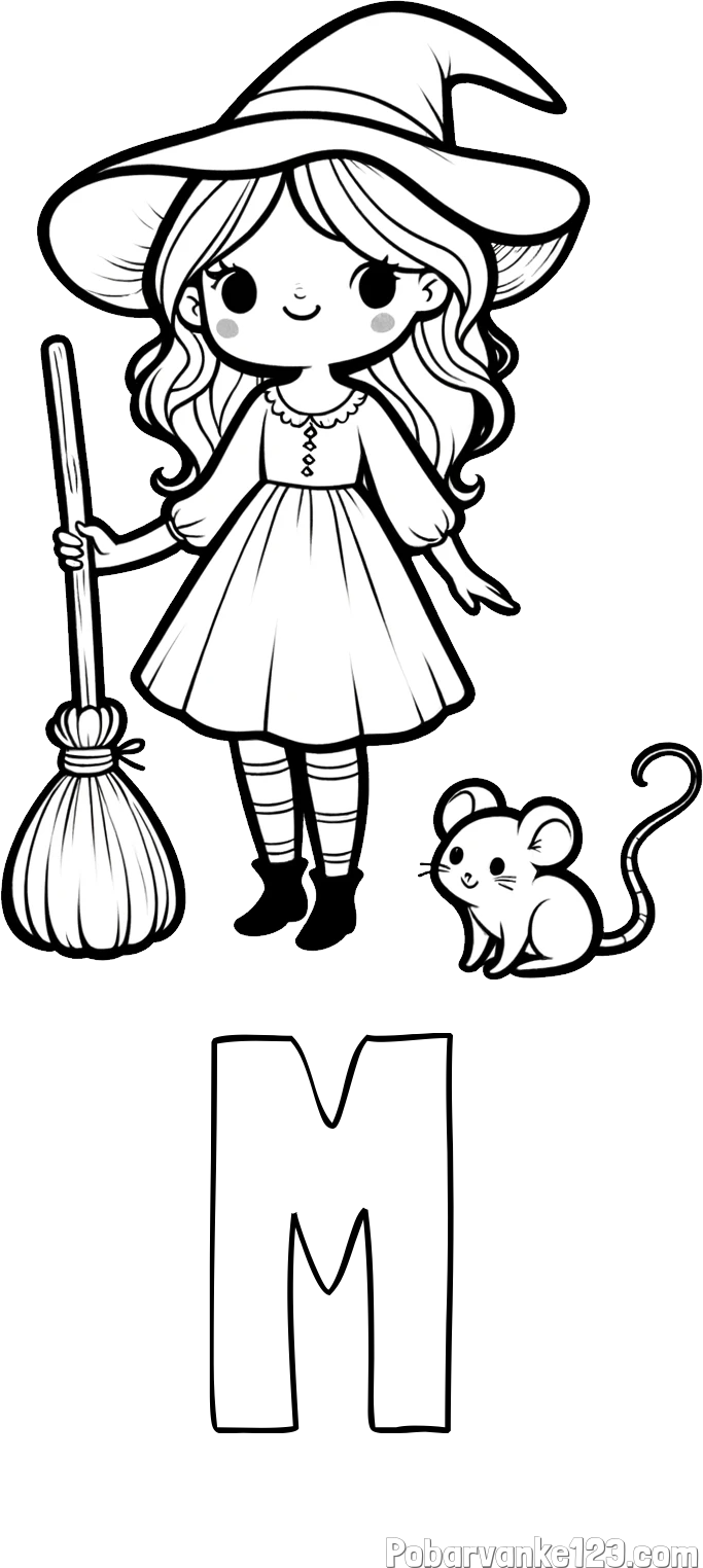 Pobarvanka imena M in pobarvanka čarovnice z metlo in miško