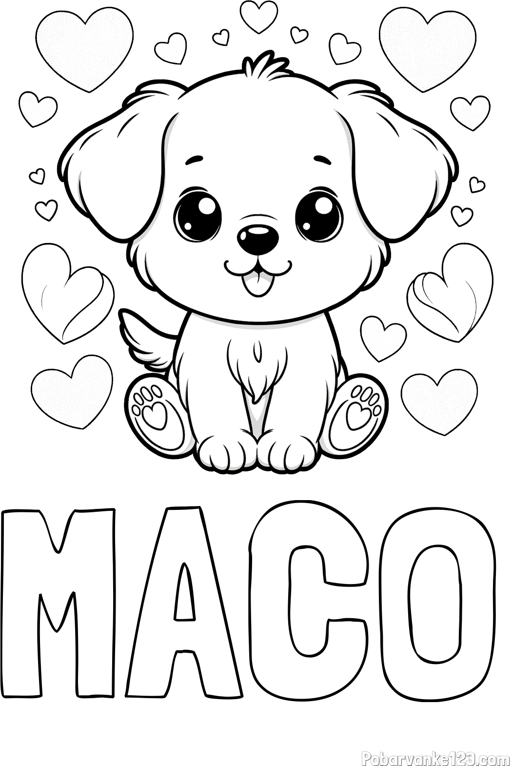 Pobarvanka imena MAČO in pobarvanka ljubkega kužka obdanega s srčki
