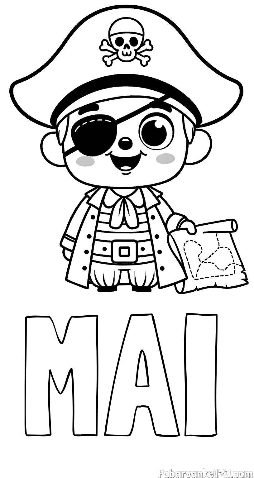 Pobarvanka imena MAI in otroška pobarvanka ljubkega gusarja z zemljevidom