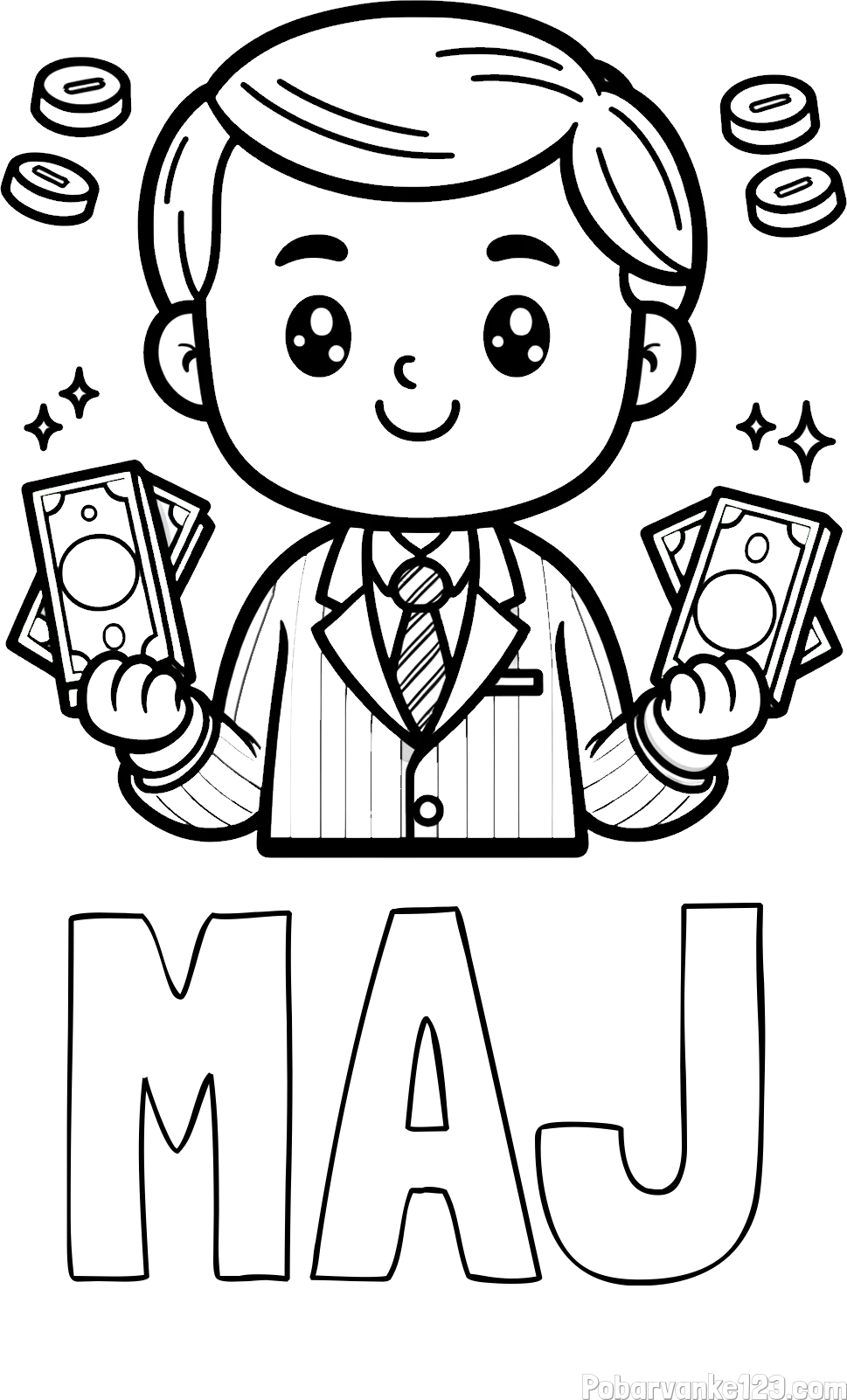 Pobarvanka imena MAJ in otroška pobarvanka bankirja z veliko denarja