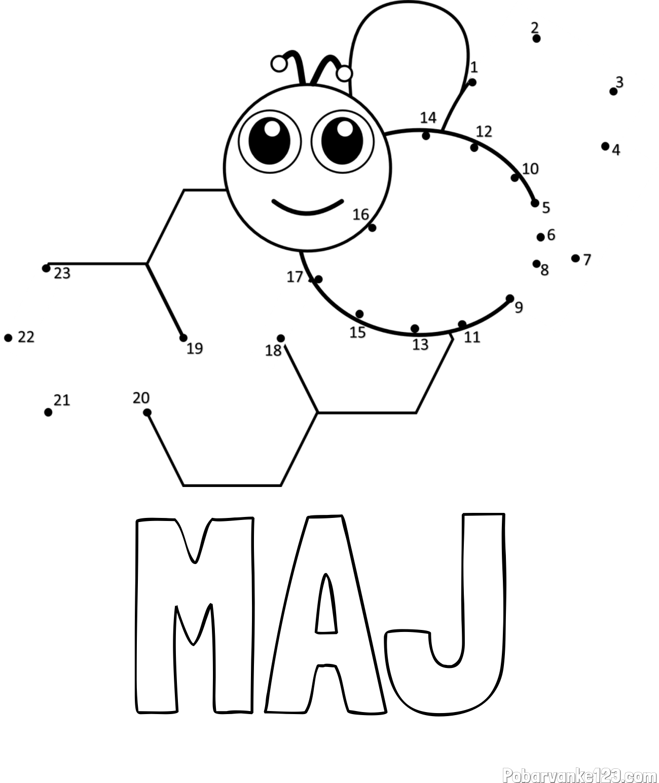 Pobarvanka imena MAJ in pobarvanka čebelice in satja - poveži številke