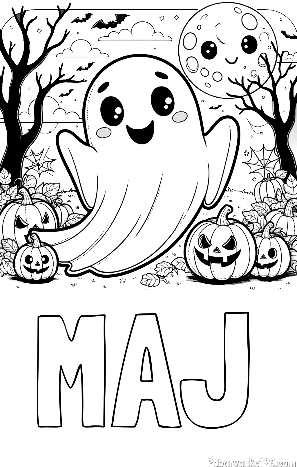 Pobarvanka imena MAJ in pobarvanka ljubkega duhca in buč za noč čarovnic