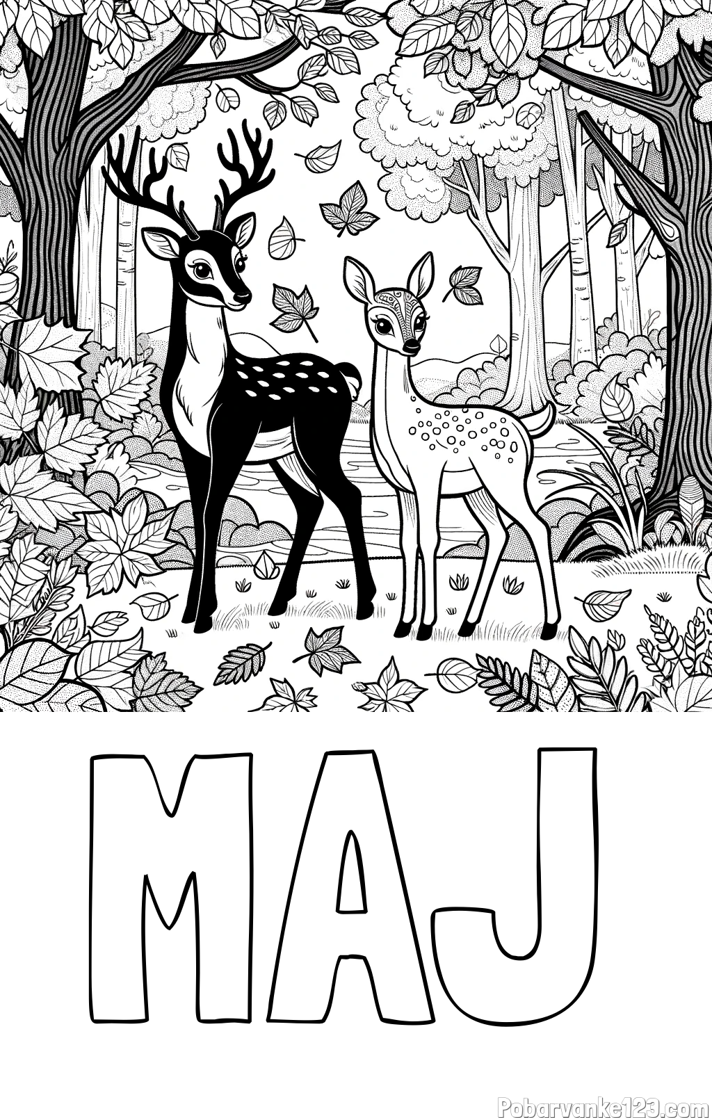 Pobarvanka imena MAJ in pobarvanka srnice in jelenčka