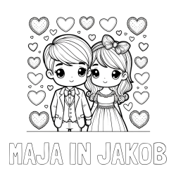 Online izdelana pobarvanka - Pobarvanka imena MAJA IN JAKOB in pobarvanka dveh zaljubljencev s srčki