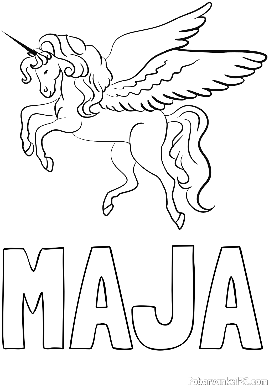 Pobarvanka imena MAJA in lepa pobarvanka samoroga