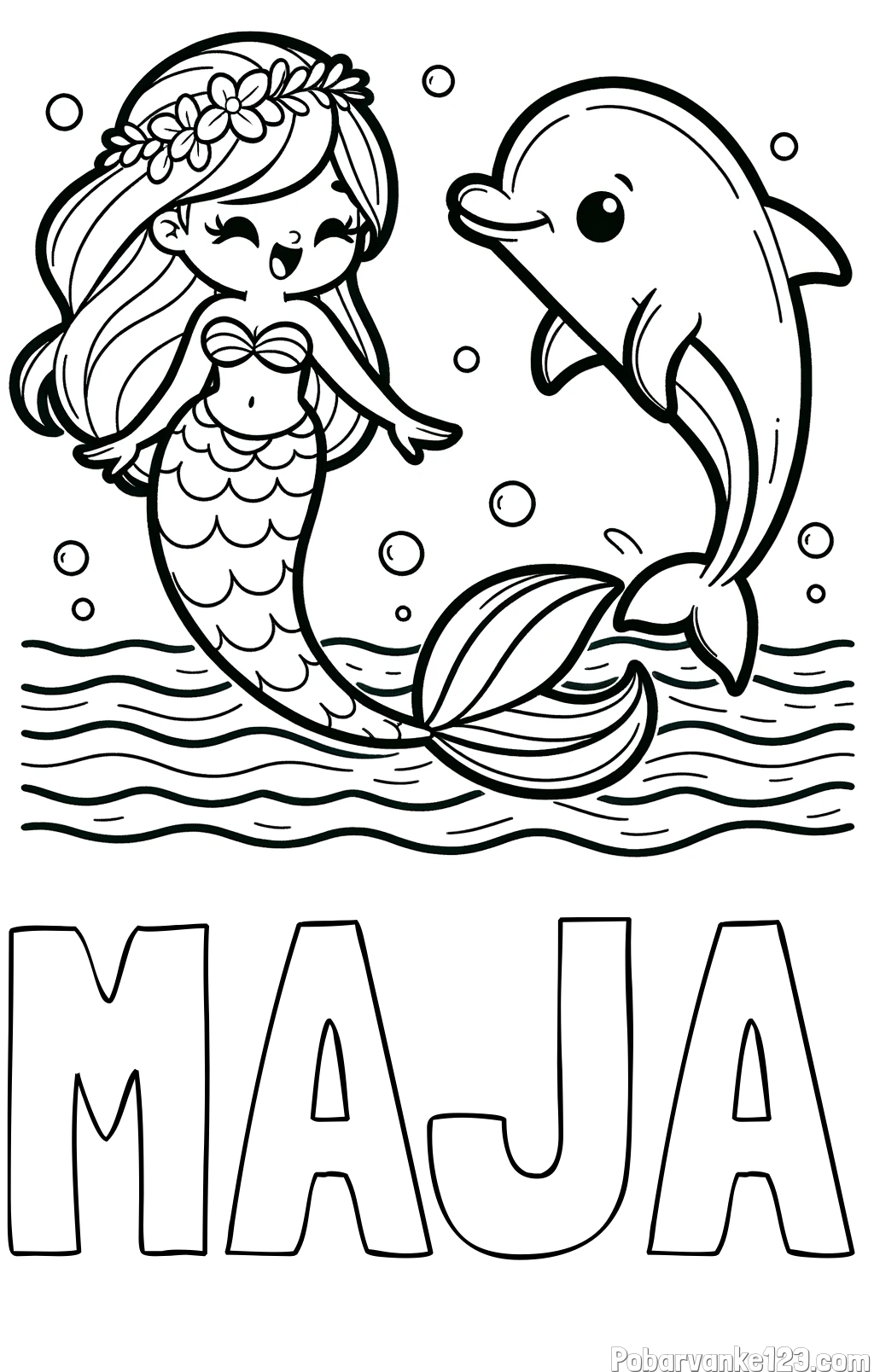Pobarvanka imena MAJA in pobarvanka ljubke morske deklice, ki pleše z delfinom