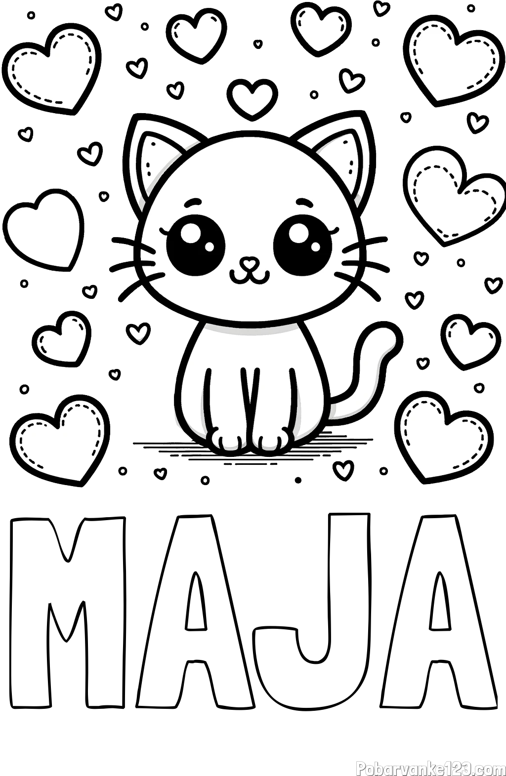 Pobarvanka imena MAJA in pobarvanka ljubke mucke obdane z veliko srčki
