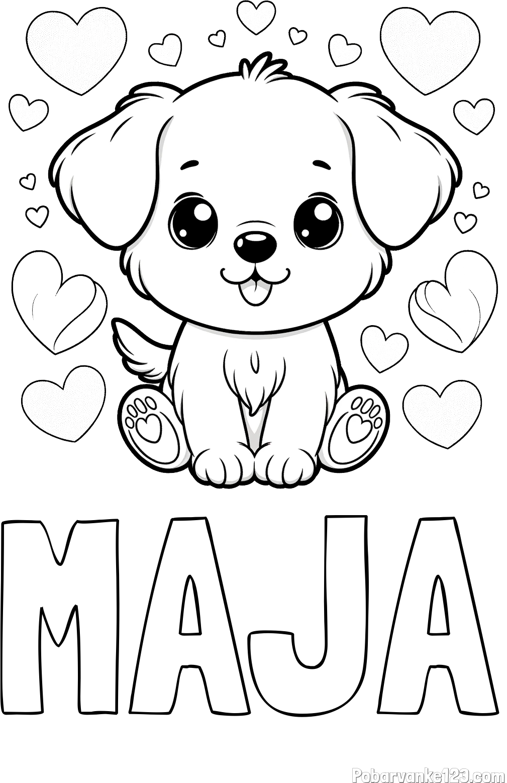 Pobarvanka imena MAJA in pobarvanka ljubkega kužka obdanega s srčki