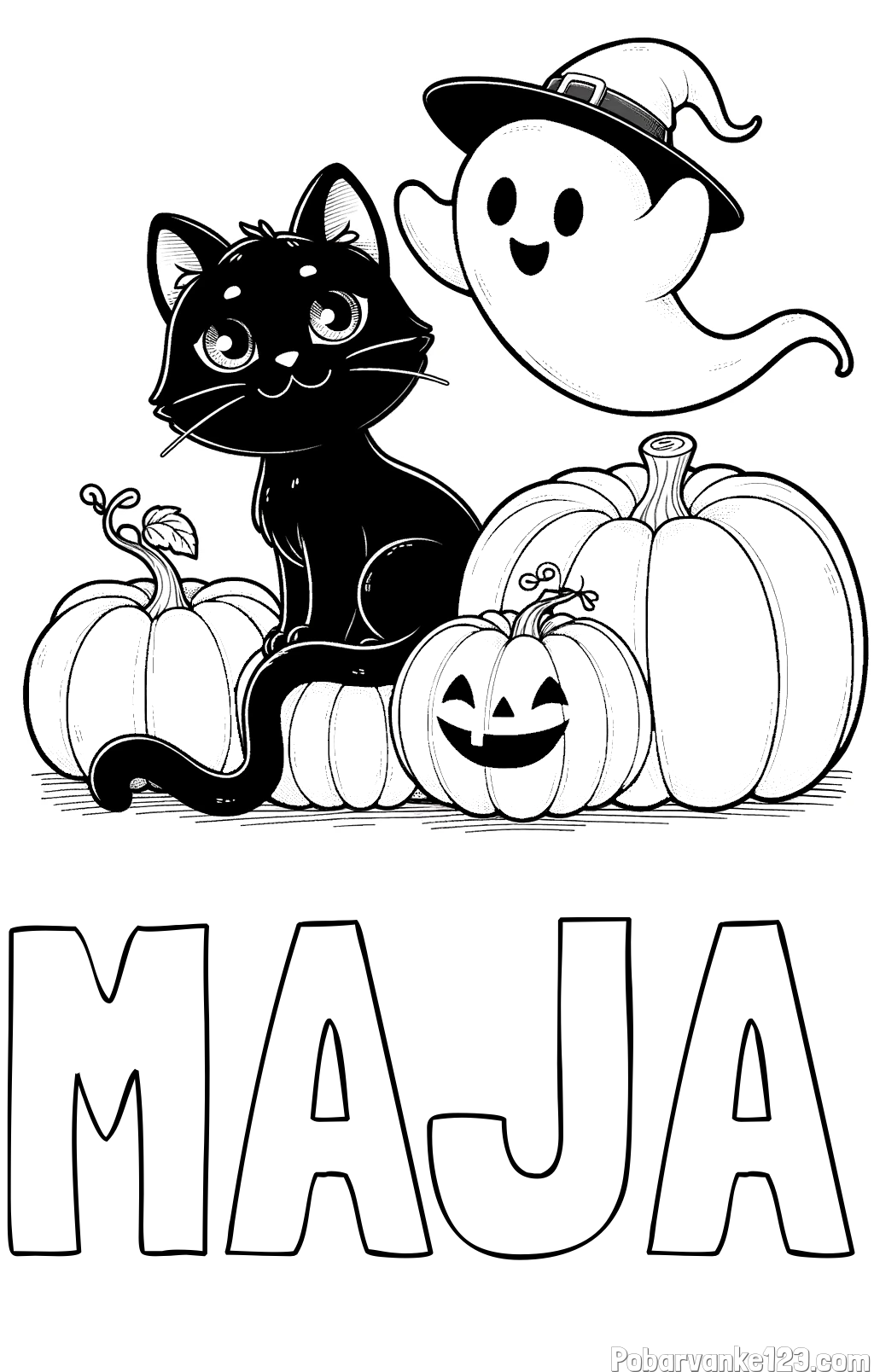 Pobarvanka imena MAJA in pobarvanka prijaznega duhca, črne mačke ter buč za noč čarovnic